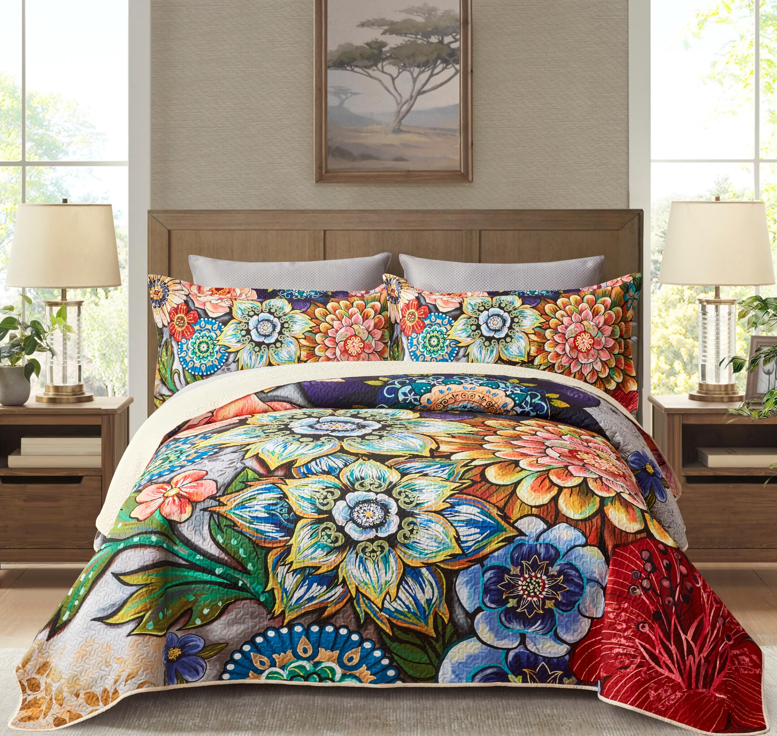 3 Piece Floral Quilt Sets Full/Queen Size Colorful Bohemian Contemporary Flower Microfiber Bedding Set Vibrant Bright Lightweigh